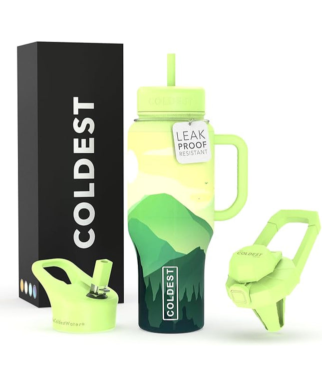 Coldest Tumbler with Handle and Straw - 100% Leak Proof Insulated Tumbler with Lid and Straw (3 Lids) - Stainless Steel Tumblers for Women & Men - Cup Holder Friendly Base, 36 oz (Happy Camper)