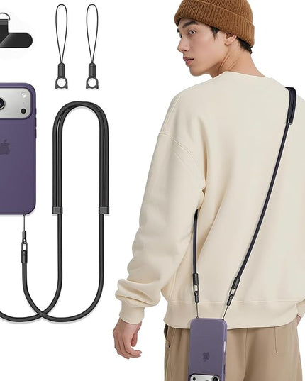 Phone Lanyard Phone Strap Crossbody Compatible with iPhone 17/Air/Pro/Max All Phone Cases with 2 Charms Dual Holes 1 TPU Tab 360° Hook Adjustable Hands-Free Shoulder Neck Camera Strap Anti Theft Black