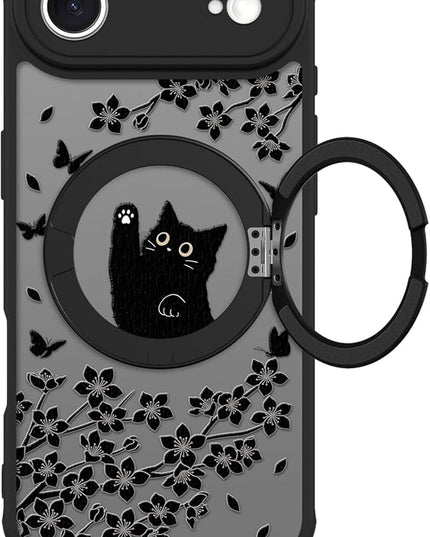 Cute Case for iPhone Air Case with Stand [ Compatible with MagSafe ] Kawaii Black Cat & Floral & Butterflies Pattern Design 360 Magnetic Ring Kickstand Phone Cover for Women Girls Boys
