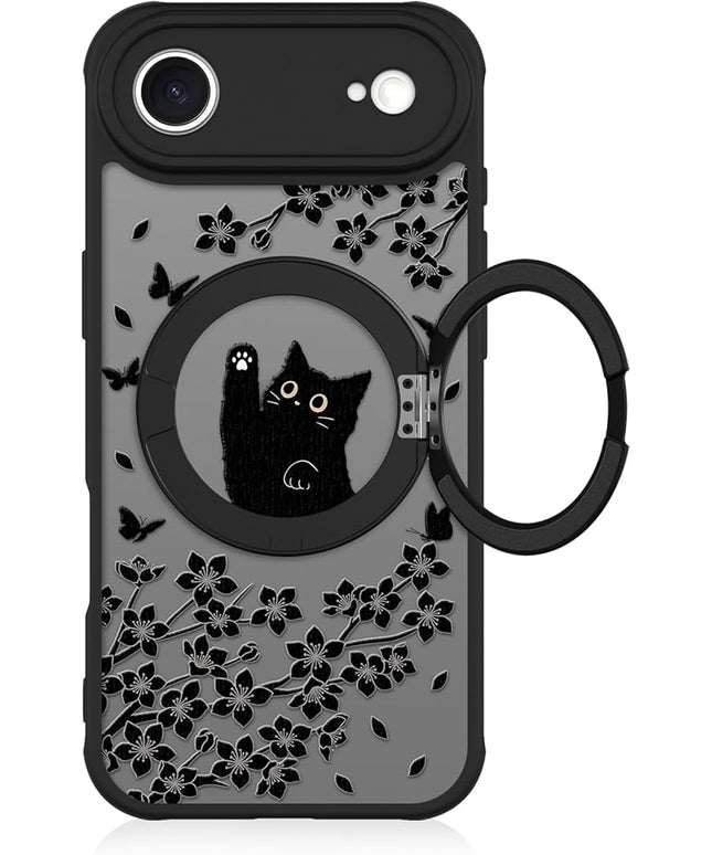 Cute Case for iPhone Air Case with Stand [ Compatible with MagSafe ] Kawaii Black Cat & Floral & Butterflies Pattern Design 360 Magnetic Ring Kickstand Phone Cover for Women Girls Boys