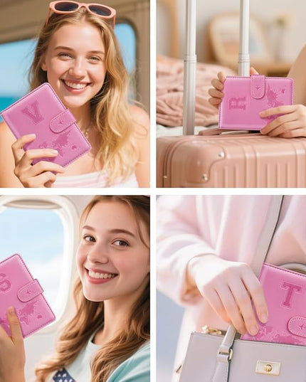 Passport Holder Cover Initail Letter A-Z Travel Wallet 3D Embossed Design RFID Blocking Card Holder Personalized Gift Passport Cover Wallet, Passport Book Holders for Women and Girls, Pink-V