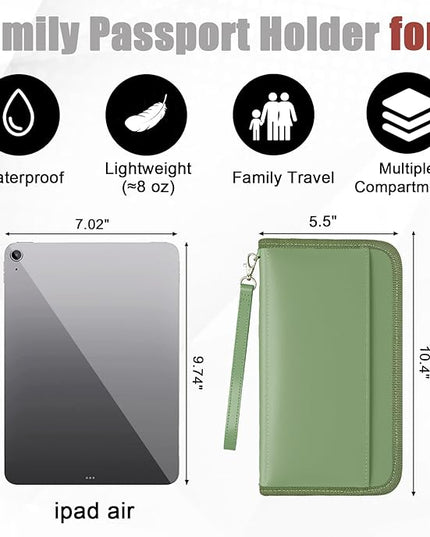 GOAUS Passport Holder with AirTag Slot, PU Leather Travel Document Organizer, Multiple RFID Blocking Wallet for Family of 4 to 6 Green