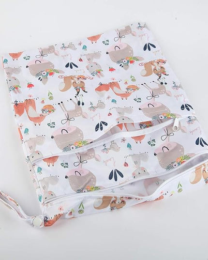 Wet Dry Bag Cloth Diaper Nappy Reusable Washable With Two Zippered Pockets (Rabbit Squirrel)