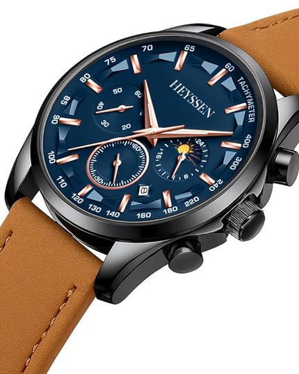 Watches for Men Chronograph Analog Luminous Quartz Watch Blue Black Luxury Genuine Leather Mens Watches Business Sports Waterproof Wristwatch Elegant Gift for Him