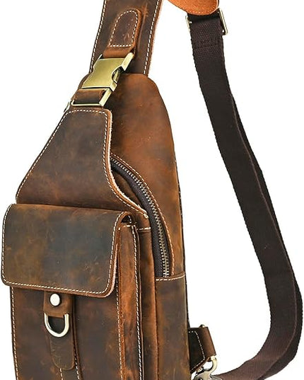 Genuine Leather Hiking Travel DayPack Sling Crossbody Triangle Chest Pack Bag For Men Women 8241