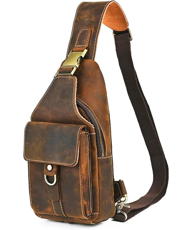 Genuine Leather Hiking Travel DayPack Sling Crossbody Triangle Chest Pack Bag For Men Women 8241
