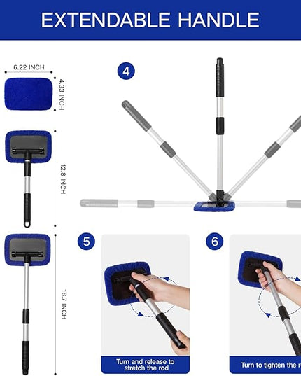 11pcs Windshield Cleaner Tool, Car Window Cleaning Wash Kit with 6 Reusable Microfiber Pads 2 Spray Bottles and Extendable Handles Auto Glass Wiper Kit, Blue