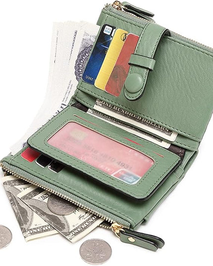AOXONEL Women's Wallets Leather Wallets for Women Rfid Small Ladies Wallet Billfolds for Women,Trifold Mini Wallets for Women with Double Zipper Coin Pocket (Green)