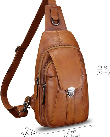 Genuine Leather Sling Bag for Women and Man Handmade Retro Hiking Crossbody Backpack Purse Chest Shoulder Daypack