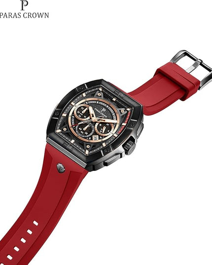 Paras Crown Watches for Men Tonneau 5ATM Waterproof Quartz Luxury Chronograph Analog Men's Wrist Watches Stainless Steel Case Mens Watches
