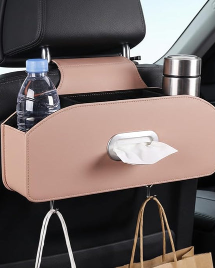 Car Seat Back Organizer with Tissue Box, Multifunctional Backseat Organizer for Car Interior Storage, Seat Back Storage Organizer for Phone, Drinks, Snacks & Handbags (Brown)