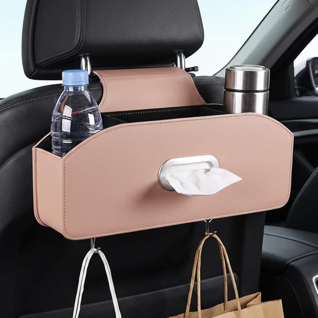 Car Seat Back Organizer with Tissue Box, Multifunctional Backseat Organizer for Car Interior Storage, Seat Back Storage Organizer for Phone, Drinks, Snacks & Handbags (Brown)