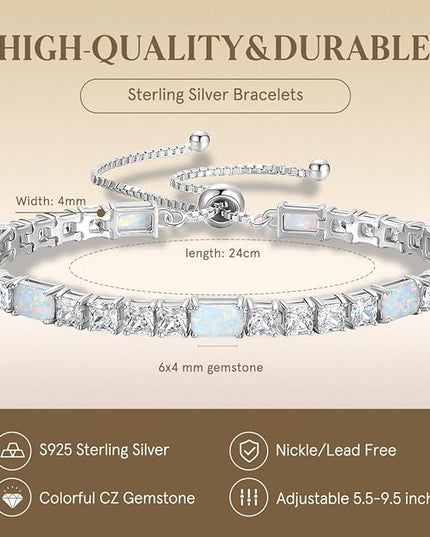 FANCIME Birthstone Bracelet for Women, Sterling Silver 4x6mm Gemstone Tennis Bracelet Bolo Adjustable Chain Fine Jewelry Birthday Gifts for Women Mom Wife Her