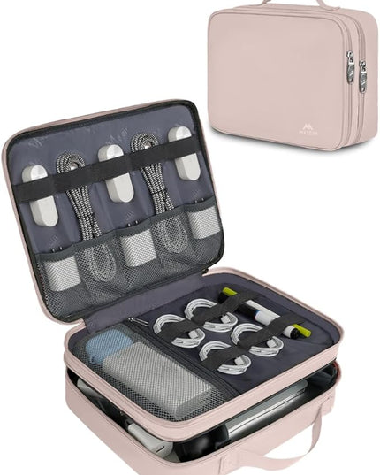 MATEIN Travel Cord Organizer for Women, Large Tech Storage Bag Water Resistant Electronic Accessories Case with Handle for Cord, Cables, Cellphone, Tablet (Up to 12.9inch), Powerbank, Soft Pink
