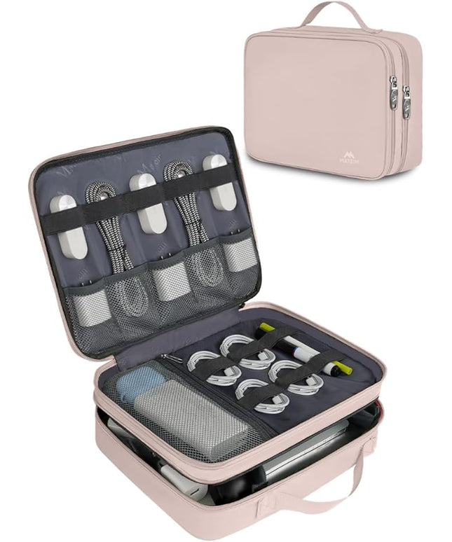 MATEIN Travel Cord Organizer for Women, Large Tech Storage Bag Water Resistant Electronic Accessories Case with Handle for Cord, Cables, Cellphone, Tablet (Up to 12.9inch), Powerbank, Soft Pink