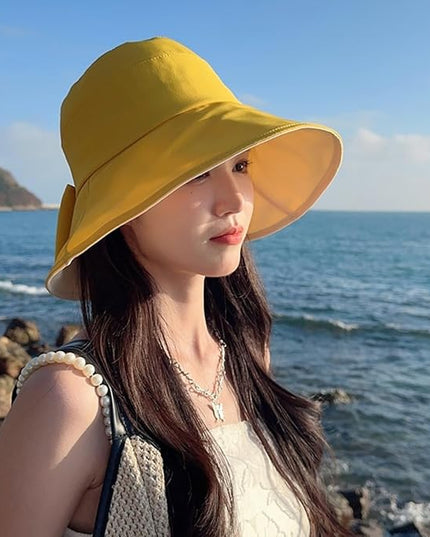 Womens Wide Brim Sun Hats UPF50+ UV Packable Beach Hat Summer Bow Decoration Bucket Cap for Travel