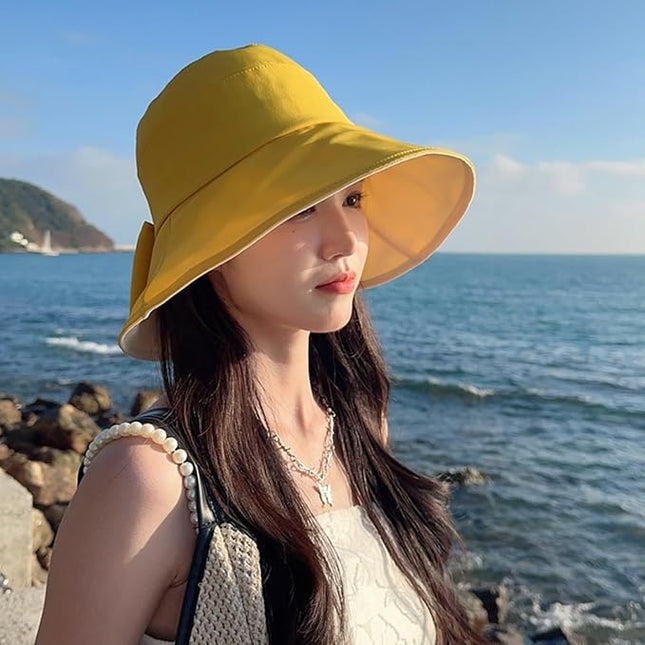 Womens Wide Brim Sun Hats UPF50+ UV Packable Beach Hat Summer Bow Decoration Bucket Cap for Travel