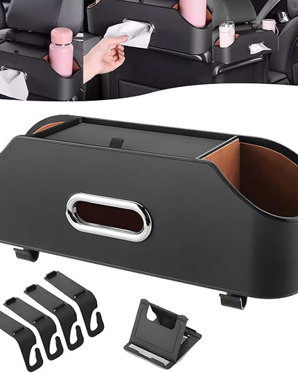 Multifunctional Car Back Seat Storage Organize, 2026 Upgrade 3-in-1 Car Backseat Organizer with Cup Holder, Tissue Box, Trash Bin & Hooks, for Hold Phones, Snacks, Drinks, and Handbags (Black)