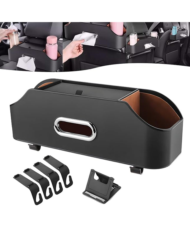 Multifunctional Car Back Seat Storage Organize, 2026 Upgrade 3-in-1 Car Backseat Organizer with Cup Holder, Tissue Box, Trash Bin & Hooks, for Hold Phones, Snacks, Drinks, and Handbags (Black)