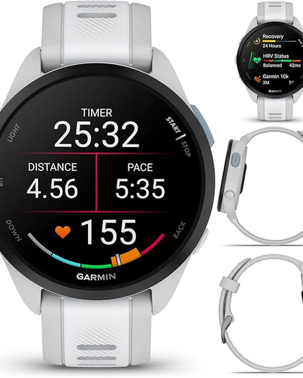Wearable4U Garmin Forerunner 165 Music Running Smartwatch, Colorful AMOLED Touchscreen, Training Metrics and Recovery Insights Includes PowerPack +Adapters Bundle, Mist Gray/Whitestone