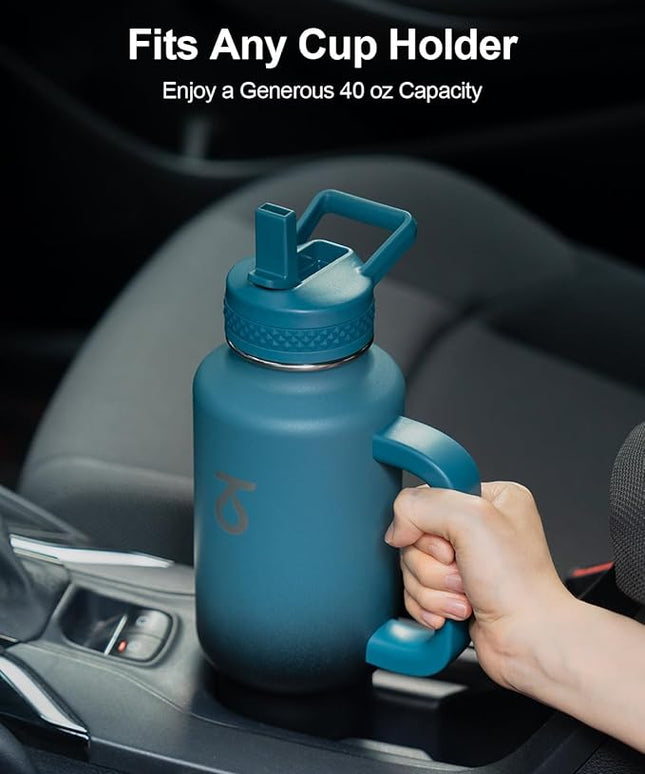 Trebo Insulated Water Bottle 40oz that Fits in Car Cup Holder with Spout Straw Lids, Stainless Steel Bottles Travel Flask with Handle, Metal Reusable Tumbler, Leakproof Keep Cold &Hot,Indigo/Black