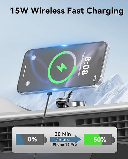 Lecork for Magsafe Car Mount Charger, 15W Magnetic Wireles Car Charger for iPhone 12 13 14 15 16 Series, Stick On Dashboard Phone Holder Mount for Samsung S25 Series, Zinc Alloy Shell, Black