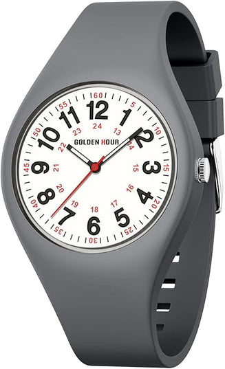 GOLDEN HOUR Waterproof Sports Analog Unisex Watches for Nurse Medical Professionals, Students - Military Time Glowing Easy to Read Dial, Jelly Silicone Strap