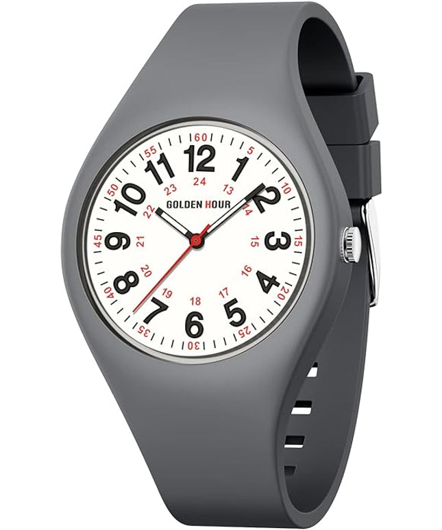 GOLDEN HOUR Waterproof Sports Analog Unisex Watches for Nurse Medical Professionals, Students - Military Time Glowing Easy to Read Dial, Jelly Silicone Strap