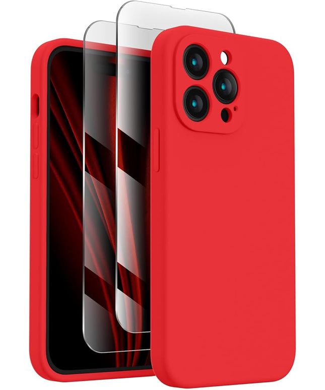 FireNova Designed for iPhone 14 Pro Max Case, Silicone Upgraded [Camera Protection] Case with [2 Screen Protectors], Soft Anti-Scratch Microfiber Lining Inside, 6.7 inch, Red