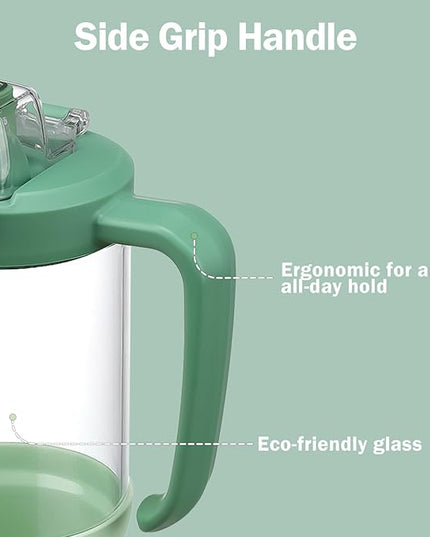 32oz Glass Water Bottle, 2-in-1 Straw and Sip Spout Lid, Leakproof Wide Mouth Tumbler with Handle, BPA-Free Reusable Bottle for Sports, Office, Outdoor, Light Green