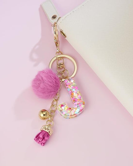 Resin Alphabet Initial Letter Keychain Keyring for Women Purse Handbags With Fur Ball Pom