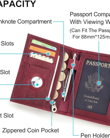 CONTACTS Full Grain Leather Passport Holder RFID Blocking Travel Passport Wallet Compatible Airtag Passport Cover Case with 4 Cards Slots, Coin Pocket (Badge, Wine Red)