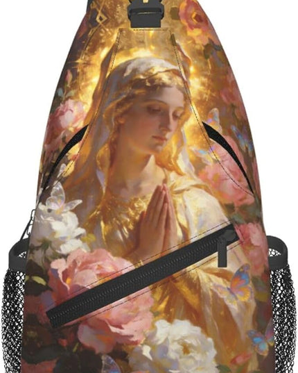 Our Lady of Guadalupe Sling Bag Crossbody Bags Clovers Chest Bag for Travel Hiking for Men Women Golden Mary 6