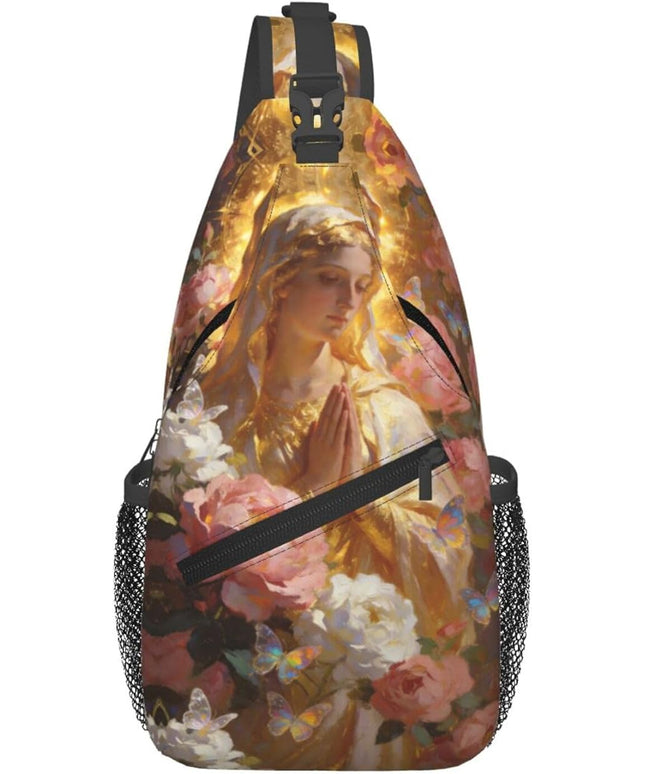 Our Lady of Guadalupe Sling Bag Crossbody Bags Clovers Chest Bag for Travel Hiking for Men Women Golden Mary 6