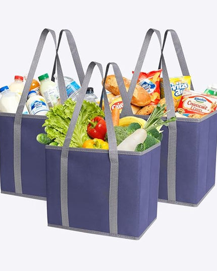 DOUKE Reusable Grocery Tote Bags, 3-Pack Heavy Duty Reusable Shopping Bags with Long Handles, Large Box Shape Tote Bags to Stand Up, Stay Open, Fold Flat (Navy Blue)