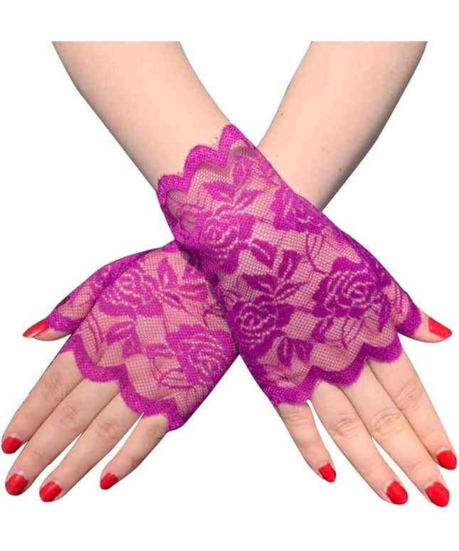 Women's Short Lace Gloves Fingerless for Driving Wedding Wrist Length Bridal Prom Gloves