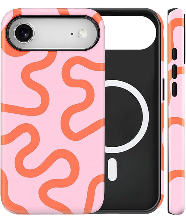 Magnetic for iPhone 17 Air Case Cute Curved Stripes Phone Case, Shockproof Slim TPU and Hard PC Protective Phone Cover Compatible with MagSafe Designed for Women Girls,Pink