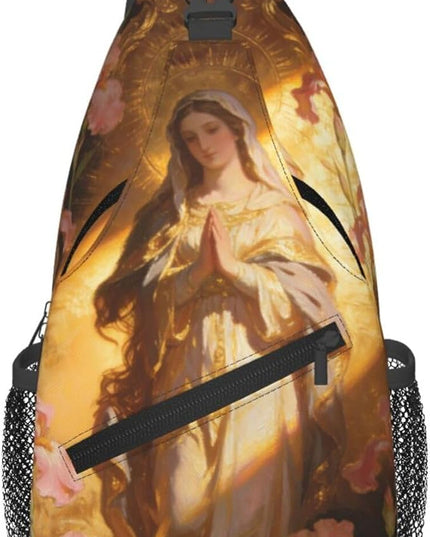 Our Lady of Guadalupe Sling Bag Crossbody Bags Clovers Chest Bag for Travel Hiking for Men Women Golden Mary 7