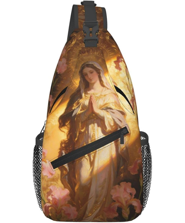 Our Lady of Guadalupe Sling Bag Crossbody Bags Clovers Chest Bag for Travel Hiking for Men Women Golden Mary 7