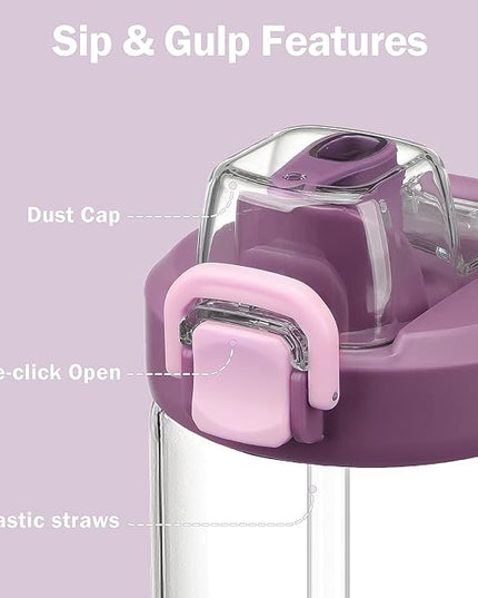 32oz Glass Water Bottle, 2-in-1 Straw and Sip Spout Lid, Leakproof Wide Mouth Tumbler with Handle, BPA-Free Reusable Bottle for Sports, Office, Outdoor, Lilac
