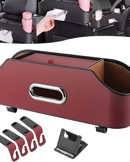 Multifunctional Car Back Seat Storage Organize, 2026 Upgrade 3-in-1 Car Backseat Organizer with Cup Holder, Tissue Box, Trash Bin & Hooks, for Hold Phones, Snacks, Drinks, and Handbags (Red)