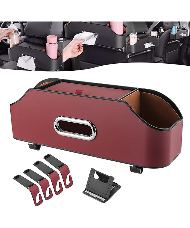 Multifunctional Car Back Seat Storage Organize, 2026 Upgrade 3-in-1 Car Backseat Organizer with Cup Holder, Tissue Box, Trash Bin & Hooks, for Hold Phones, Snacks, Drinks, and Handbags (Red)