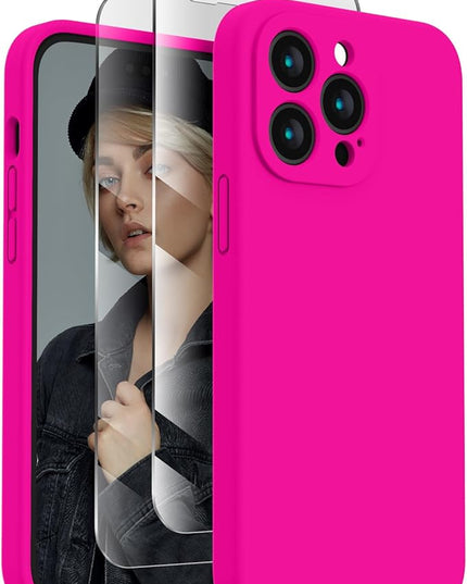 FireNova for iPhone 14 Pro Case, Silicone Upgraded [Camera Protection] Phone Case with [2 Screen Protectors], Soft Anti-Scratch Microfiber Lining Inside, 6.1 inch,Hot Pink
