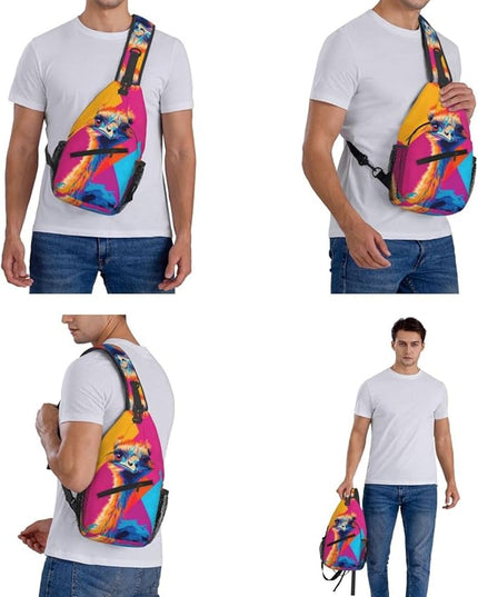 Animal Face Sling Bag Crossbody Bags Chest Bag Backpack for Travel Running and Hiking for Men Women Colorful Ostrich