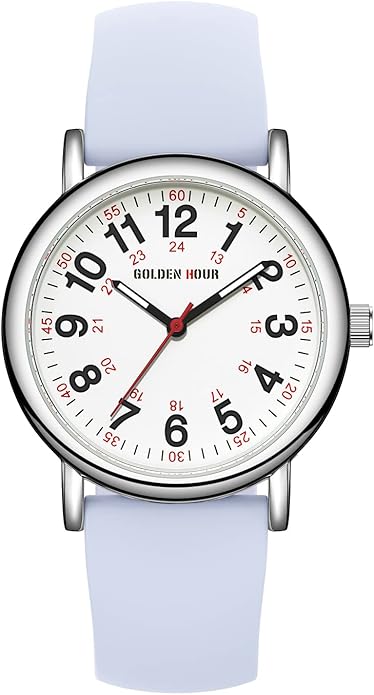 GOLDEN HOUR Waterproof Nurse Watch for Medical Professionals, Students Women Men - Military Time Luminouse Easy Read Dial, 24 Hour with Second Hand, Colorful Silicone Band
