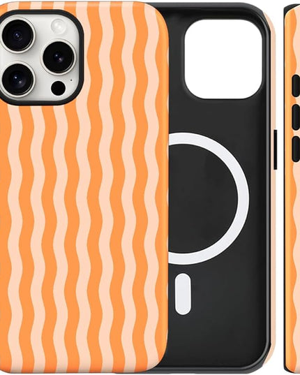 Magnetic for iPhone 15 Case Cute Wavy Stripes Phone Case, Shockproof Slim TPU and Hard PC Protective Phone Cover Compatible with MagSafe Designed for Women Girls, Orange