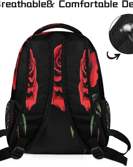 Large Backpack with 15.6 Inch Laptop Compartment, Red Rose Black Adult Backpack for Work, Travel & School College Boys Girls