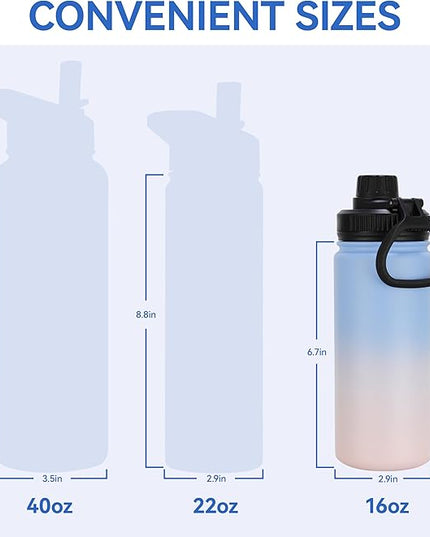 DOMICARE 16 oz Water Bottle for School Stainless Steel Double Wall Vacuum Insulated Water Bottle with Straw lids & Spout Lid, Leakproof BPA Free (Blue/Pink,4)