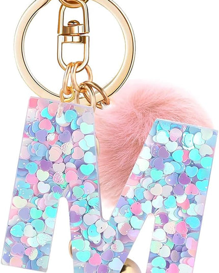 Resin Alphabet Initial Letter Keychain Keyring for Women Purse Handbags With Fur Ball Pom