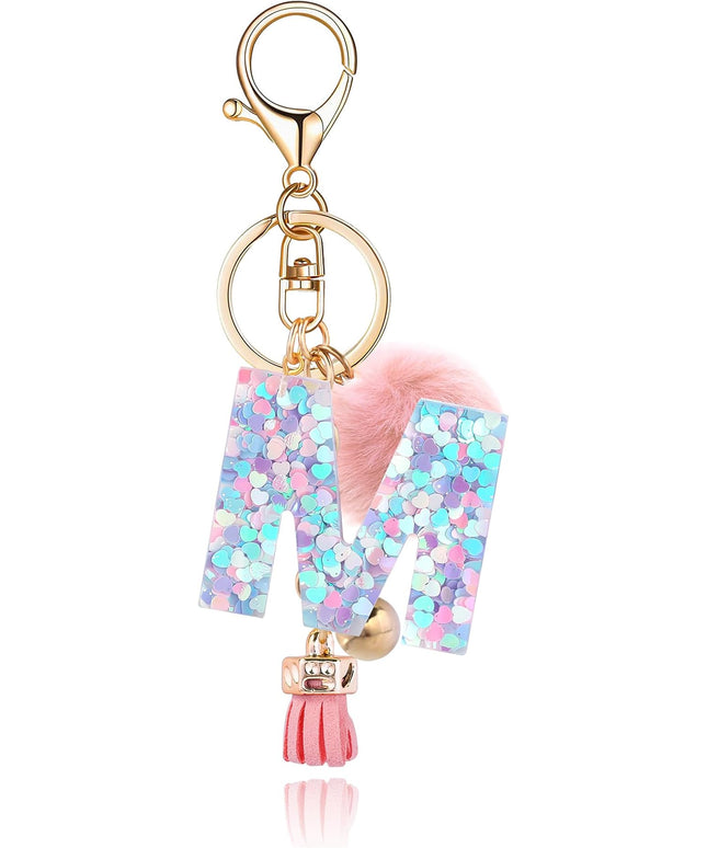 Resin Alphabet Initial Letter Keychain Keyring for Women Purse Handbags With Fur Ball Pom